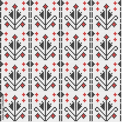 Cross stitch traditional embroidery with flowers, seamless background