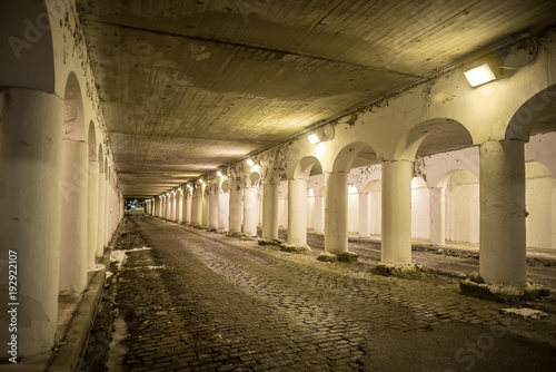 Vintage city bridge street tunnel at night.