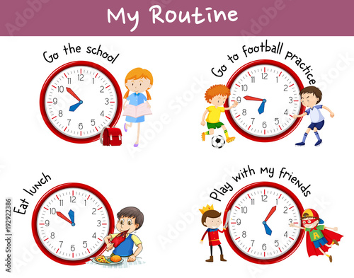 Different routines on poster with kids and activities