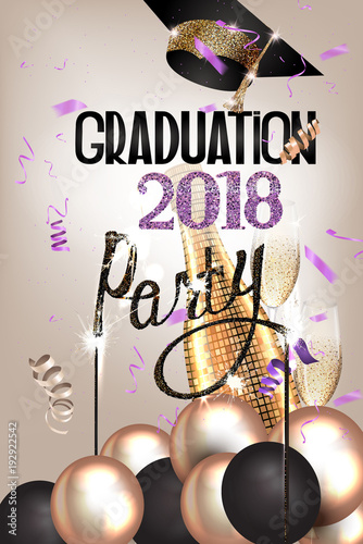 Graduation party invitation card with deco elements and sparklers. Vector illustration