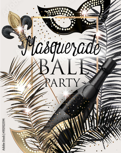 MASQUERADE PARTY INVITATION CARD WITH CARNIVAL DECO OBJECTS . GOLD, WHITE AND BLACK. VECTOR ILLUSTRATION