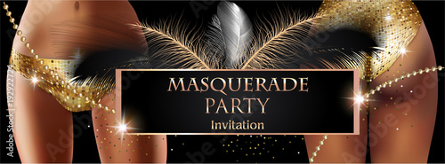 MASQUERADE PARTY INVITATION CARD WITH WOMEN, FEATHERS AND BEADS. GOLD  AND BLACK. VECTOR ILLUSTRATION