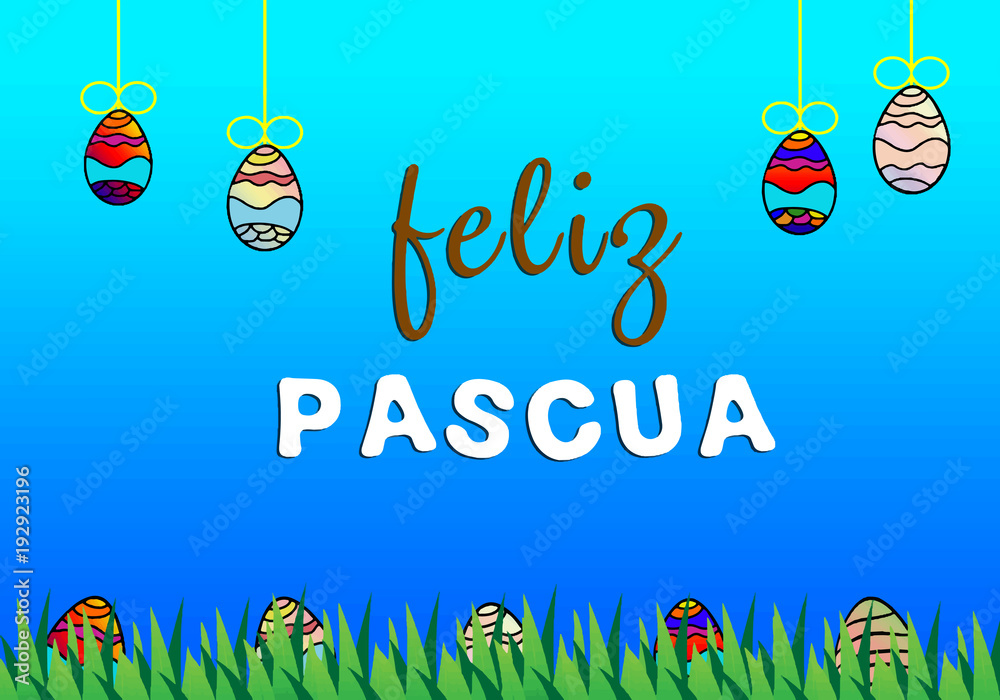 Palabra Feliz pascua huevos escondidos en la hierba y huevos colgando en un fondo azul vector