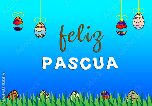Palabra Feliz pascua huevos escondidos en la hierba y huevos colgando en un fondo azul vector