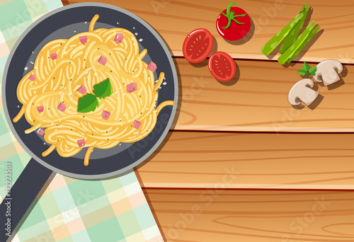 Background template with pasta in pan