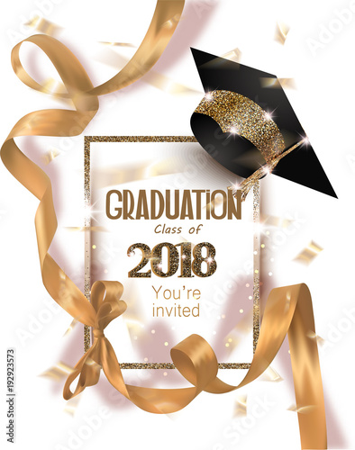 Graduation 2018 party invitation card with hat and long gold silk ribbon and confetti. Vector illustration