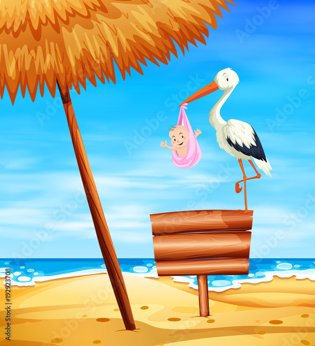 Stork baby delivering baby girl with ocean in background