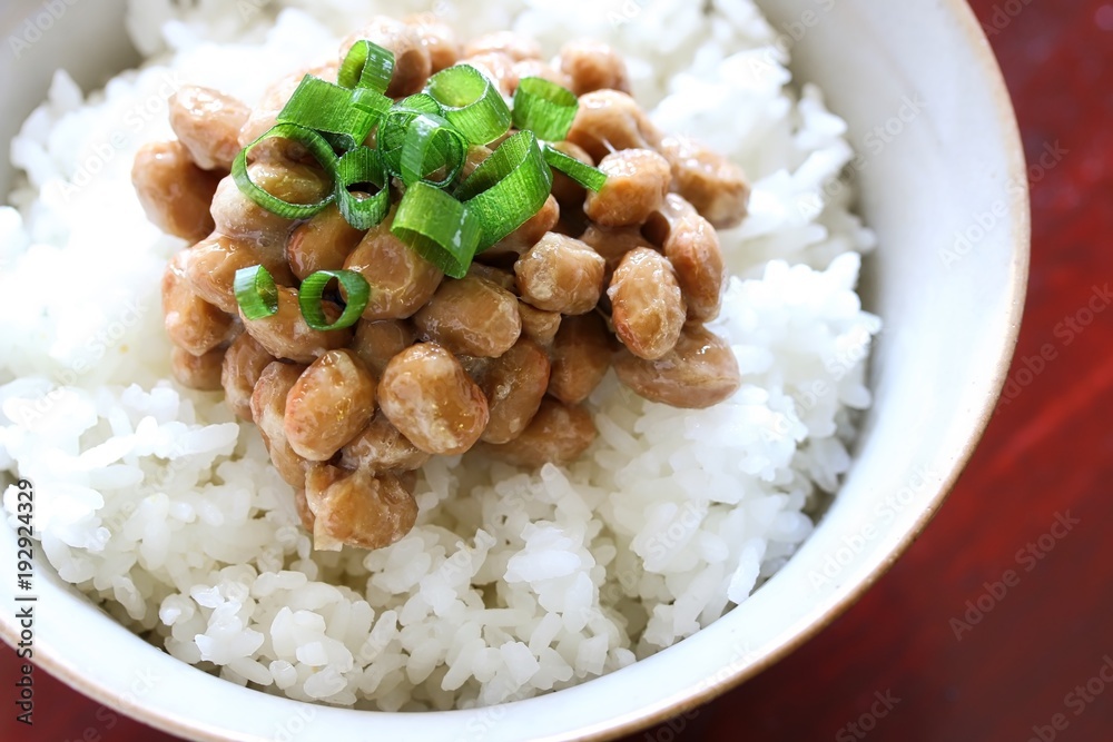 Traditional Japanese Fermented Soybeans On Freshly Cooked Rice Traditional Japanese Fermented Soybeans On Freshly Cooked Rice
