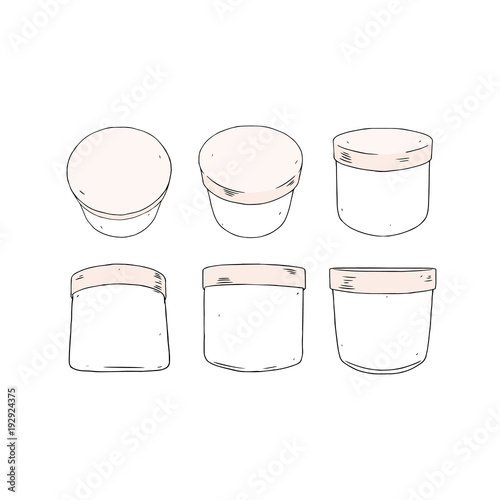 Hand drawn vector illustration of blank packaging pot on white background.White plastic cosmetic jar for cream, gel, powder,medicine, cosmetics, vitamins, pills,product.