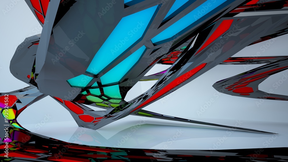 Abstract black and colored gradient parametric interior with window. 3D illustration and rendering.