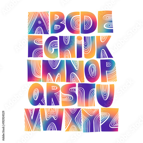 Vector handwritten uppercase fluid gradient alphabet. For design of retro music posters, festivals, placards, CD covers.