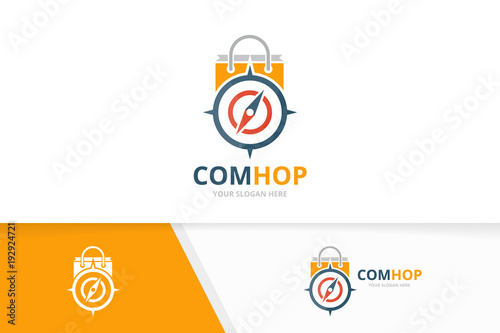 Vector compass and shop logo combination. Navigation and sale symbol or icon. Unique travel and bag logotype design template.