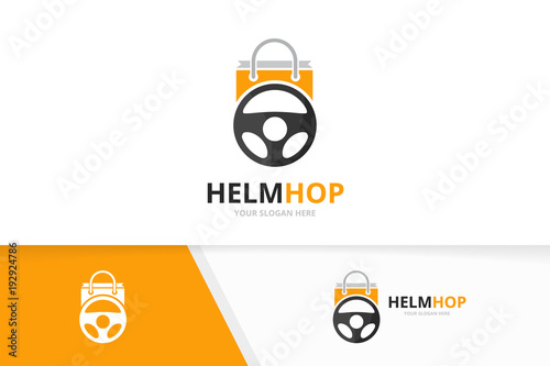 Vector car helm and shop logo combination. Steering wheel and sale symbol or icon. Unique rudder and bag logotype design template.