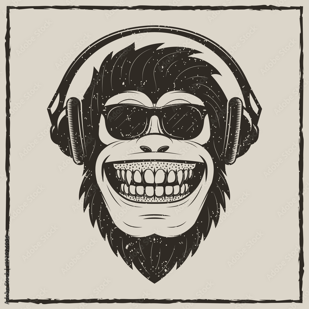 Fototapeta premium Śmieszne małpy słuchanie muzyki wektor grunge t-shirt drukowanie projektu