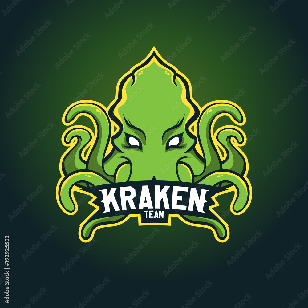 Modern professional logo for sport team. Kraken mascot. Octopus, vector symbol on a dark background.