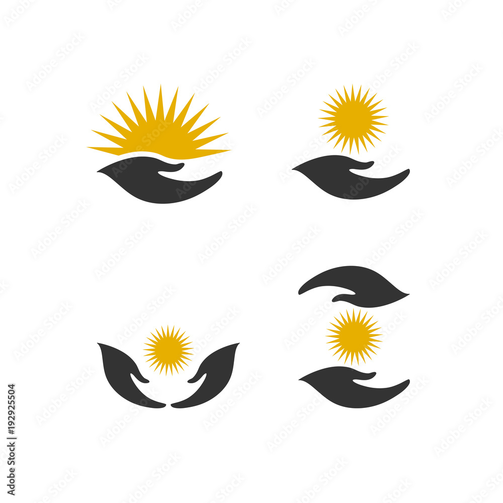 Naklejka premium Set of hand with sun vector design elements, energy care concept