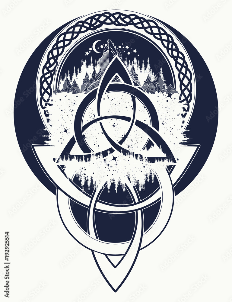Mountain, forest, symbol travel, symmetry, tourism t-shirt design. Celtic  tattoo in ethnic style. Celtic knot tattoo Stock Vector | Adobe Stock