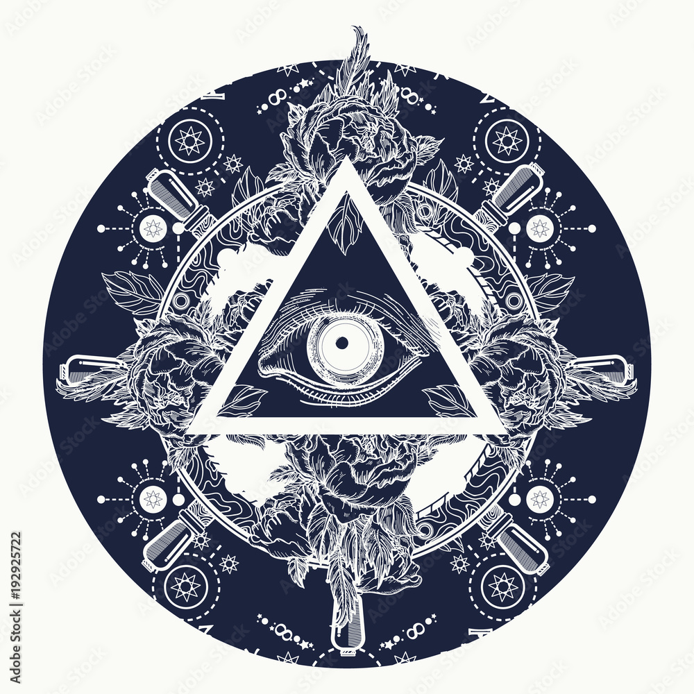 All seeing eye pyramid tattoo art. Magic eye t-shirt design. Roses and the  ship's helm. Freemason and spiritual symbols. Alchemy, medieval religion,  occultism, spirituality and esoteric tattoo Stock Vector | Adobe Stock