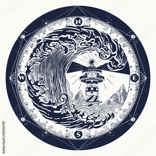 Lighthouse and rose compass t-shirt design. symbol of hiking, adventures graphic style. Large tsunami waves, lighthouse, compass tattoo. Lighthouse ans sea tattoo and t-shirt design