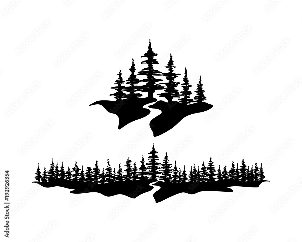 Fototapeta premium Sosnowe lasy z rzeką Ilustracja Ręka Rysunek Symbol Logo wektor