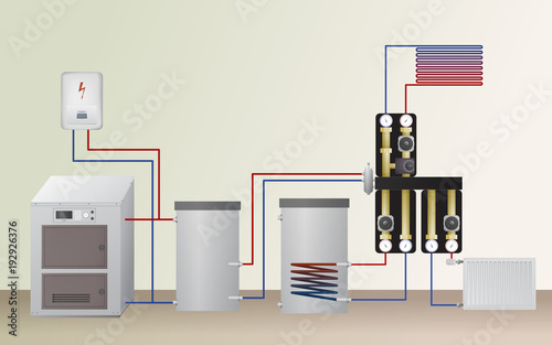 Solid fuel and electric boiler in the heating system. Vector illustration. The HVAC equipment. Hydraulic strapping. Underfloor heating, radiator and water heating.