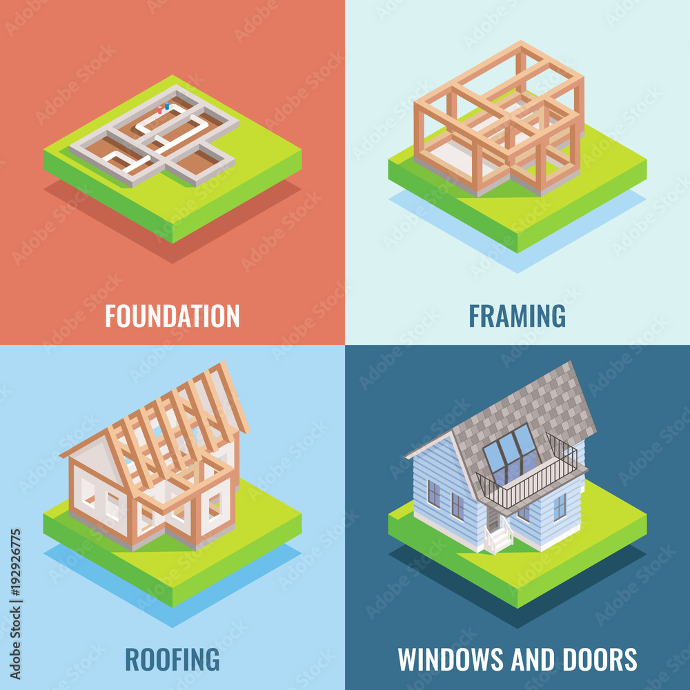 Foto Cottage construction vector flat isometric poster, banner set