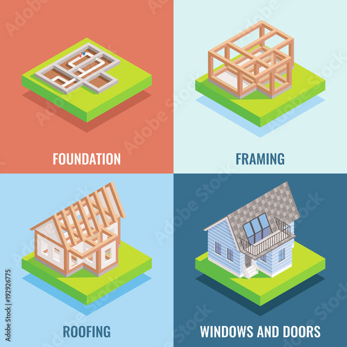 Cottage construction vector flat isometric poster, banner set