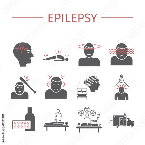 Epilepsy. Symptoms, Treatment. Flat icons set. Vector signs