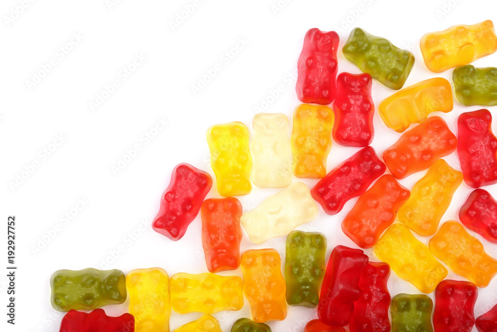 Colorful eat gummy bears jelly candy Isolated on white background with copy space for your text. Top view. Flat lay Colorful eat gummy bears jelly candy Isolated on white background with copy space for your text. Top view. Flat lay