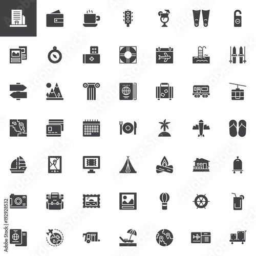 Travel elements vector icons set, modern solid symbol collection, filled style pictogram pack. Signs, logo illustration. Set includes icons as hotel, schedule, travel guide, ticket, passport, beach