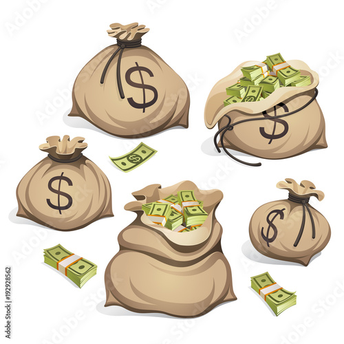 Bags of money. Packing in bundles of bank notes. Isolated on white background.