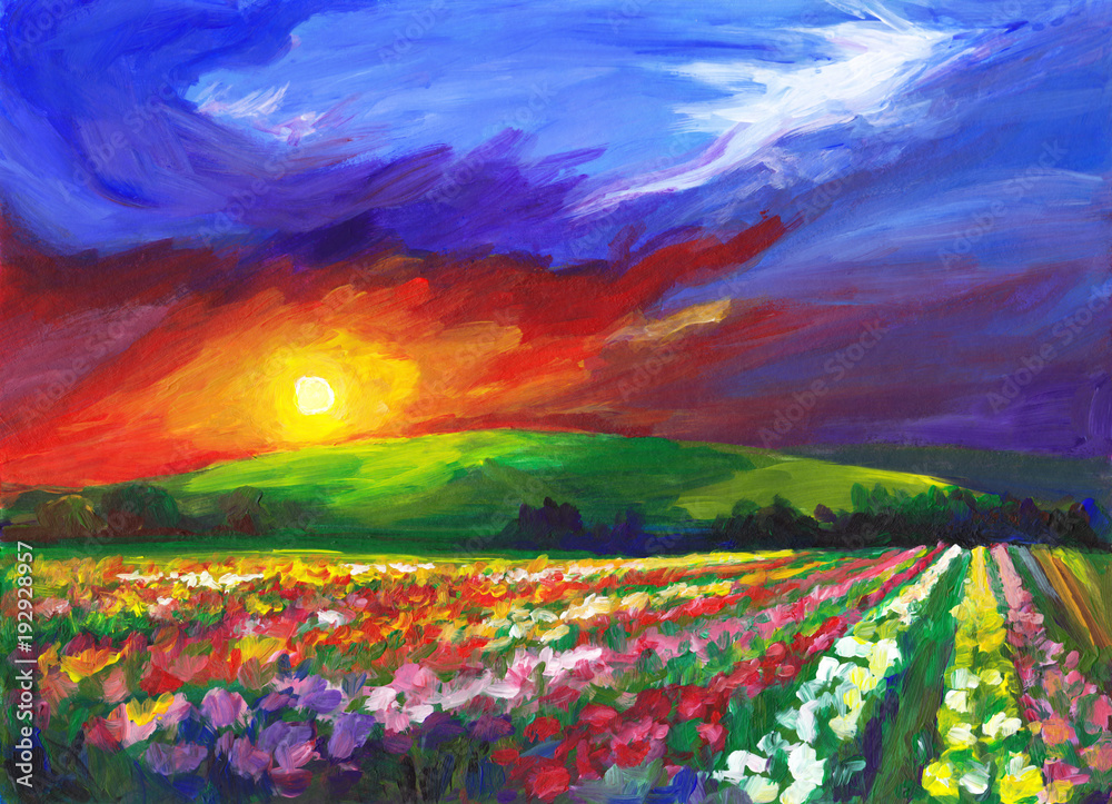 Flower fields landscape, oil painting