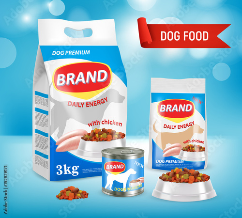 Dog food brand ad vector realistic illustration