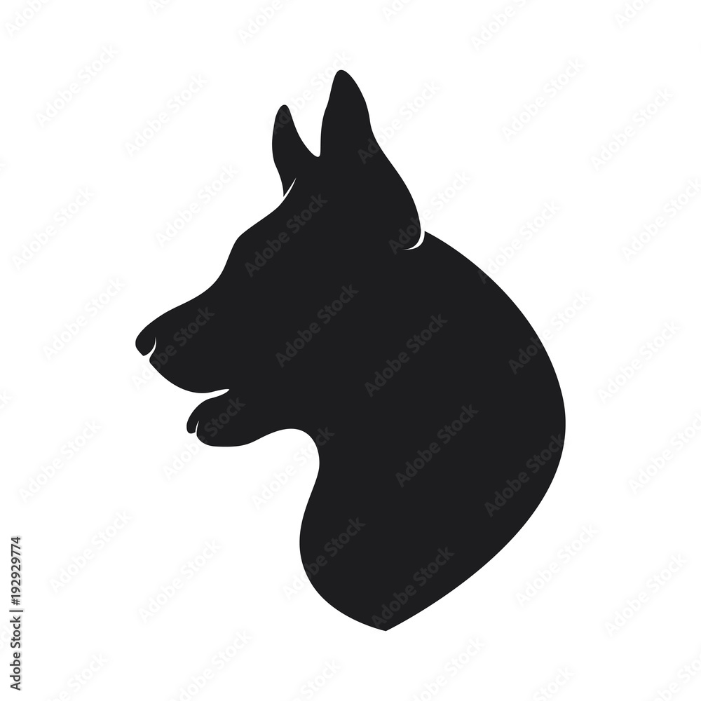 Black silhouette head of the dog on white background