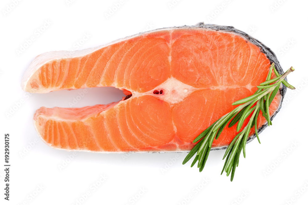 Slice of red fish salmon with rosemary isolated on white background. Top view. Flat lay Slice of red fish salmon with rosemary isolated on white background. Top view. Flat lay