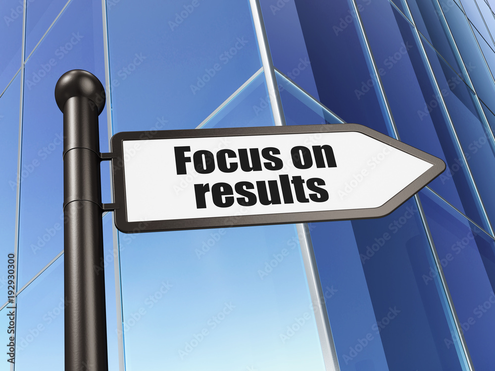 Finance concept: sign Focus on RESULTS on Building background, 3D rendering