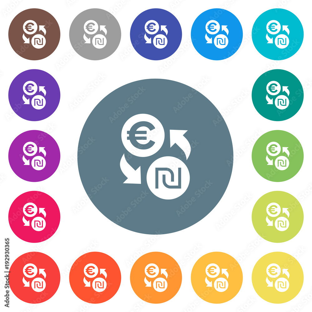 Euro new Shekel money exchange flat white icons on round color backgrounds Euro new Shekel money exchange flat white icons on round color backgrounds
