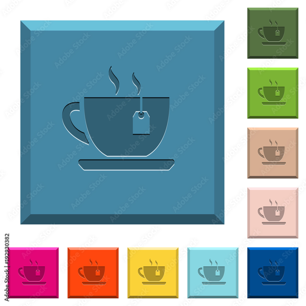 Cup of tea with teabag engraved icons on edged square buttons Cup of tea with teabag engraved icons on edged square buttons