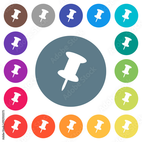 Push pin flat white icons on round color backgrounds