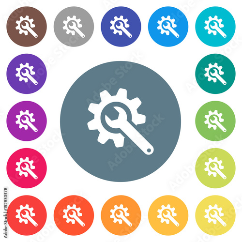 Wrench with cogwheel flat white icons on round color backgrounds