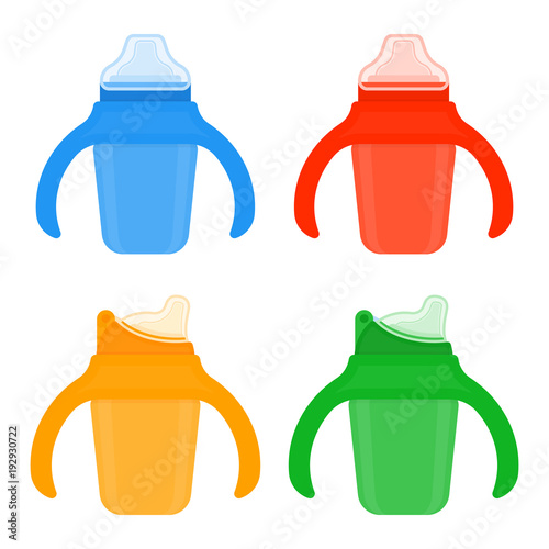 Baby sippy cups in brignt colors isolated on white background. Vector illustration of toddler feeding equipment. Baby care set.