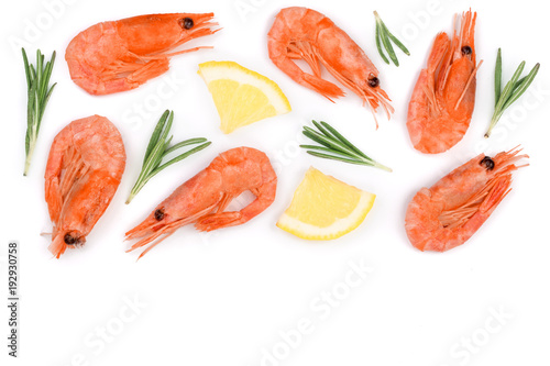 Red prawn or shrimp with rosemary and lemon isolated on white background with copy space for your text. Top view