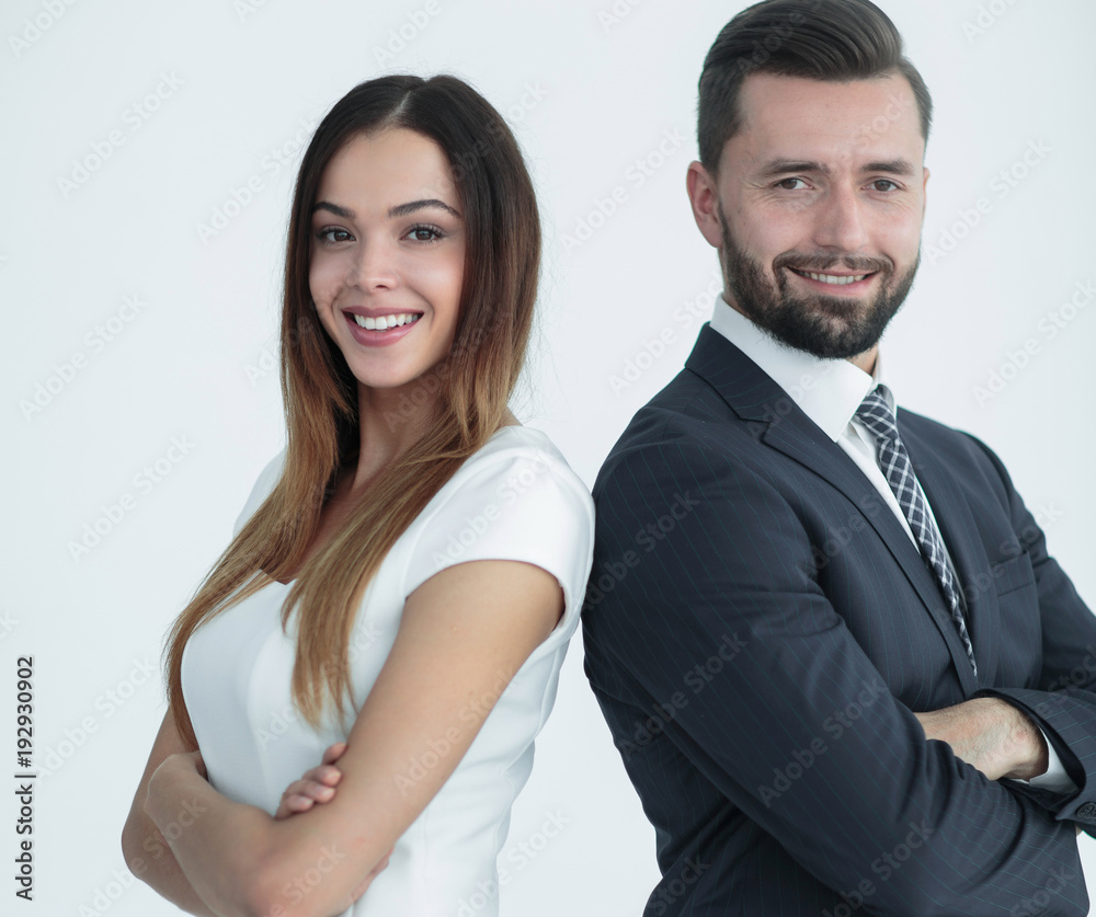 Portrait of business people back to back against white backgroun Portrait of business people back to back against white backgroun
