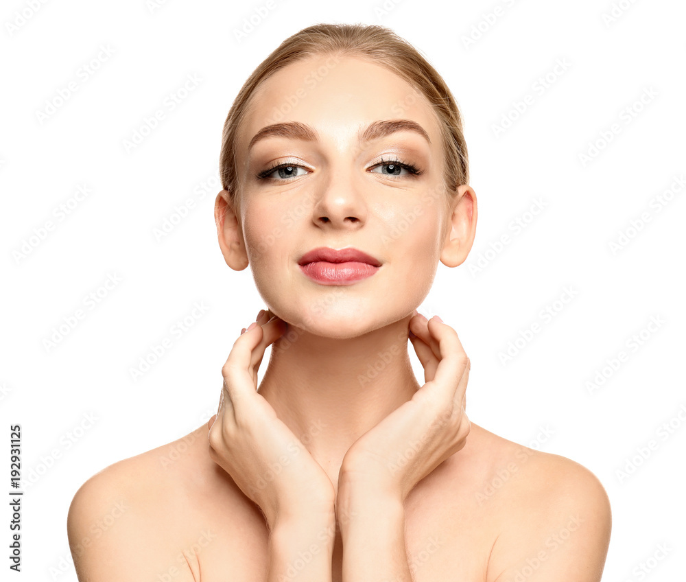 Portrait of beautiful young woman with clear skin on white background Portrait of beautiful young woman with clear skin on white background