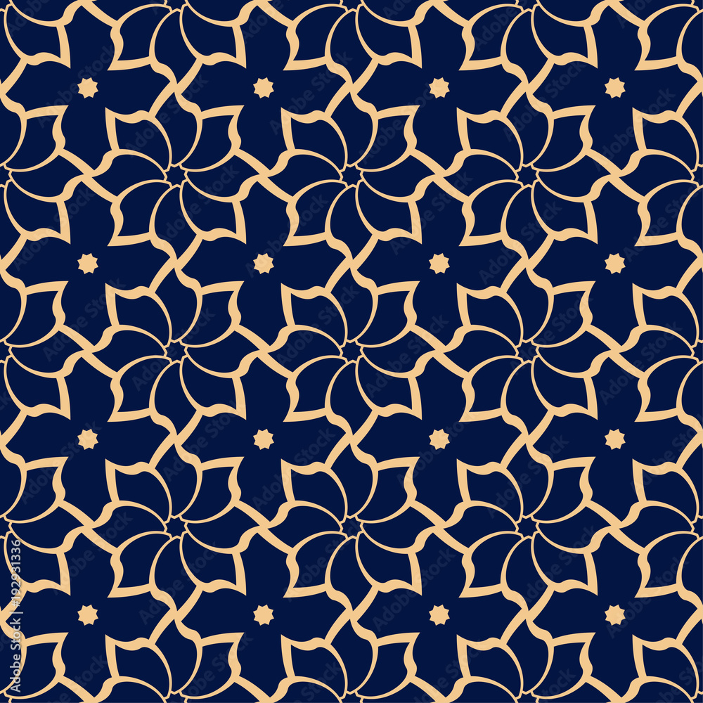 Golden flowers on blue background. Ornamental seamless pattern Golden flowers on blue background. Ornamental seamless pattern