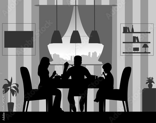 Silhouette of a home scene were a family enjoy their lunch or dinner, one in the series of similar images