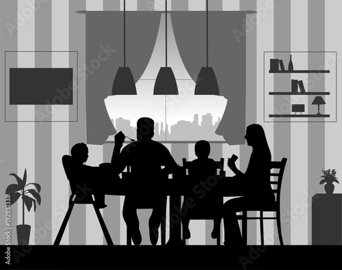 Silhouette of a home scene were a family enjoy their lunch or dinner, one in the series of similar images