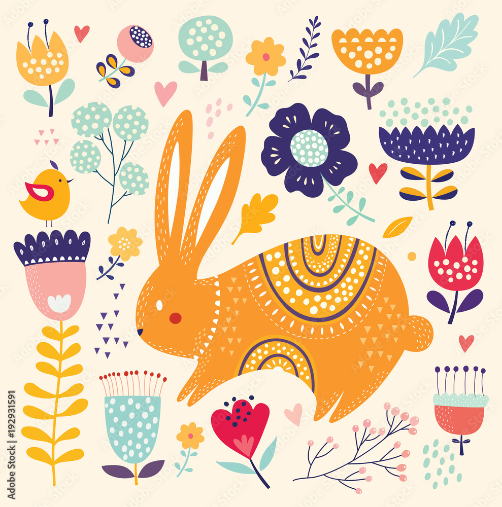 Obraz Vector illustration with a colored floral element and decorative hare
