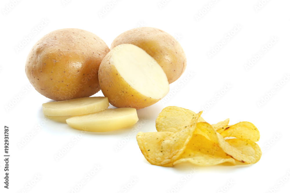 Yummy crispy chips and raw potato isolated on white Yummy crispy chips and raw potato isolated on white