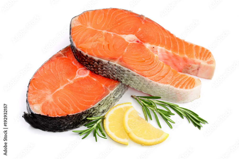 Slice of red fish salmon with lemon and rosemary isolated on white background Slice of red fish salmon with lemon and rosemary isolated on white background